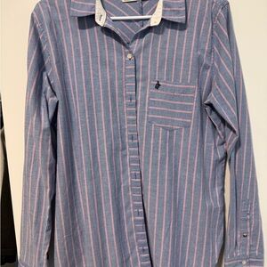 Abercrombie & Fitch Blue and Pink Striped Women's Button Down Shirt - size L